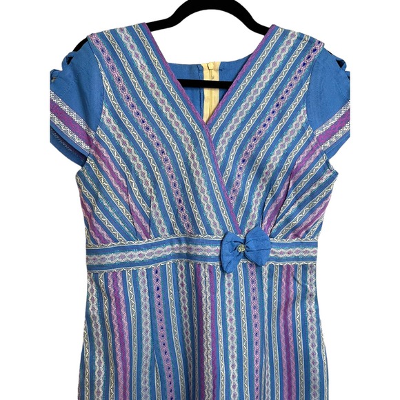 Vintage Retro Blue Quilted Striped Bow Dress with Cut Out Sleeve Small / Medium - Picture 2 of 11